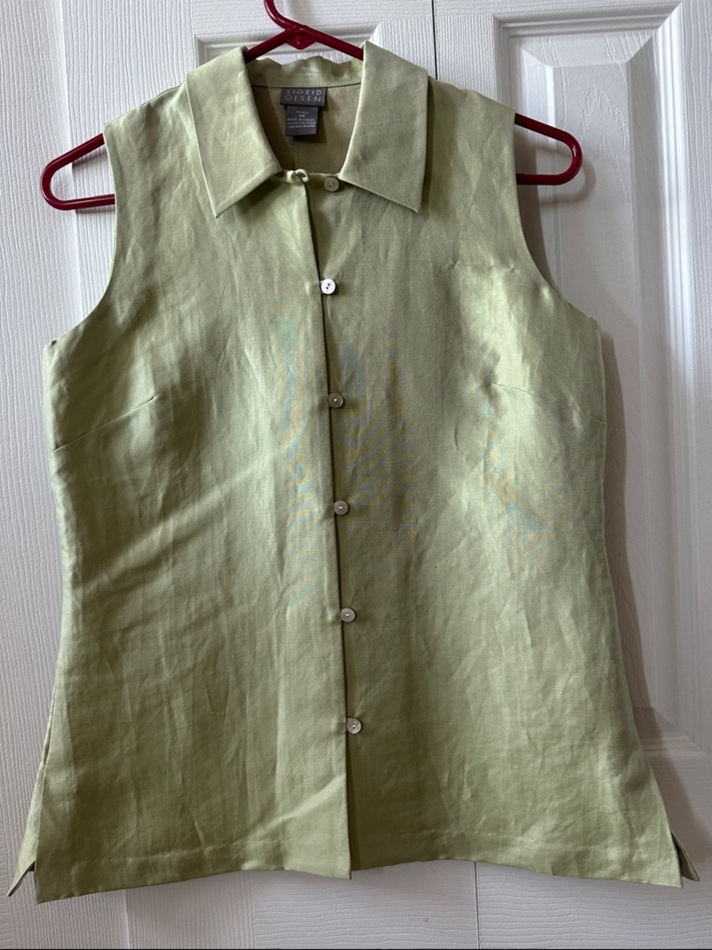 Sigrid Olsen Sleeveless mother of pearl  Linen & silk Top in Sage